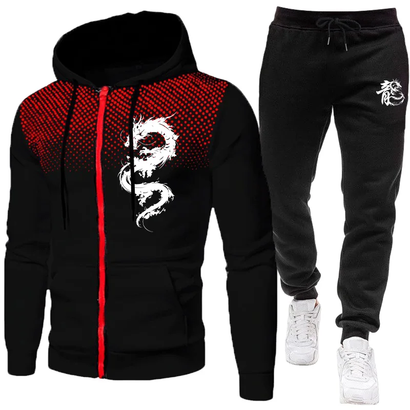 Street Fashion Hoodie - Męski Zestaw z Nadrukiem Smoka Paryskiego,